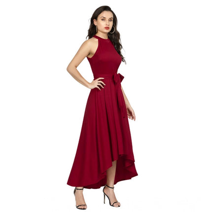 Rosolly Women's Polyster Solid Halter Neck Sleeveless Dress (Maroon)