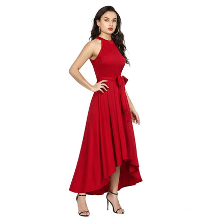 Rosolly Women's Polyster Solid Halter Neck Sleeveless Dress (Red)