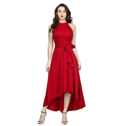 Rosolly Women's Polyster Solid Halter Neck Sleeveless Dress (Red)
