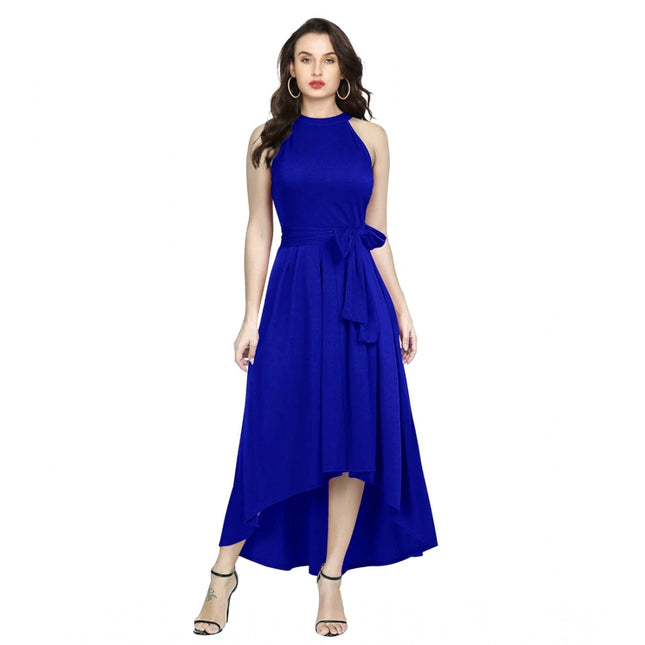 Rosolly Women's Polyster Solid Halter Neck Sleeveless Dress (Royal Blue)