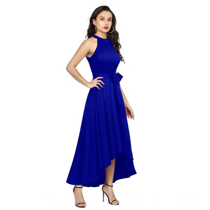Rosolly Women's Polyster Solid Halter Neck Sleeveless Dress (Royal Blue)