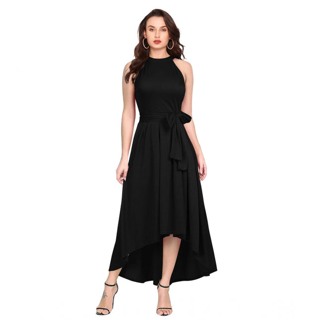 Rosolly Women's Polyster Solid Halter Neck Sleeveless Dress (Black)