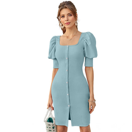 Rosolly Women's Knitting stretchable Solid Square Neck 3-4 Puff Sleeve Dress (Pista)