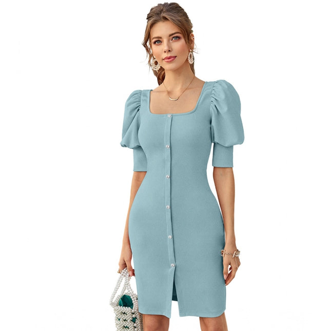 Rosolly Women's Knitting stretchable Solid Square Neck 3-4 Puff Sleeve Dress (Pista)