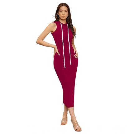 Rosolly Women's Knitting stretchable Solid Round Neck Sleeveless Dress (Maroon)