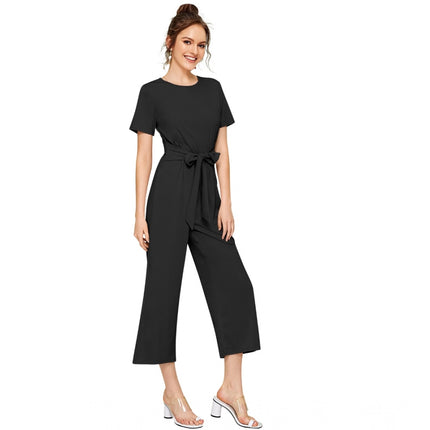 Rosolly Women's Knitting stretchable Solid Round Neck Cap Sleeve Jumpsuit (Black)