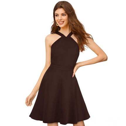 Rosolly Women's Knitting stretchable Solid Halter Neck Sleeveless Dress (Coffee)