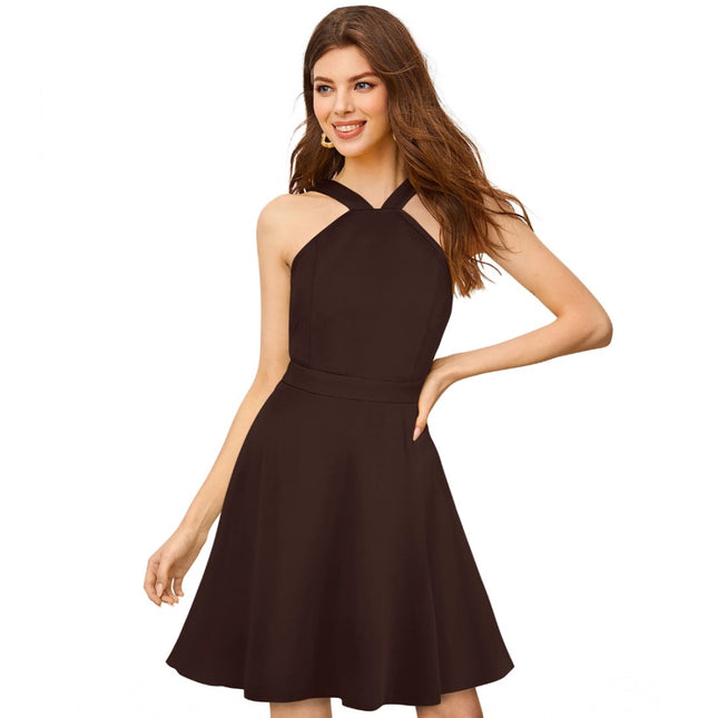 Rosolly Women's Knitting stretchable Solid Halter Neck Sleeveless Dress (Coffee)