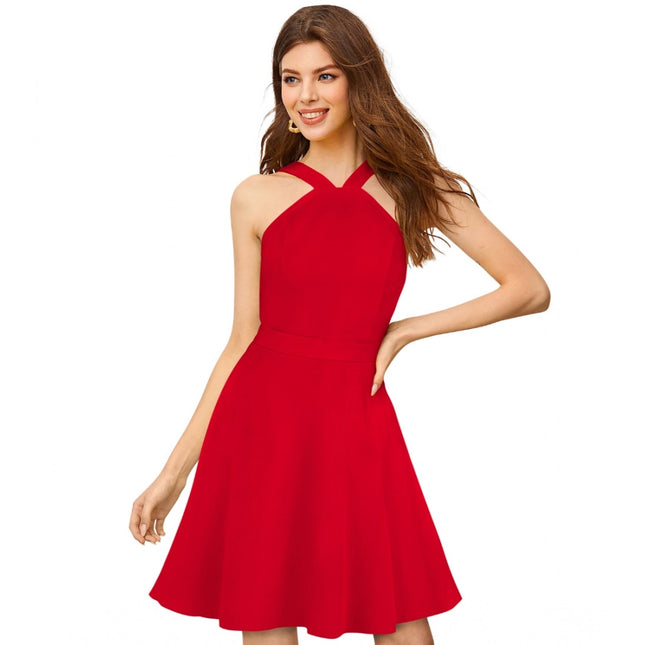 Rosolly Women's Knitting stretchable Solid Halter Neck Sleeveless Dress (Red )
