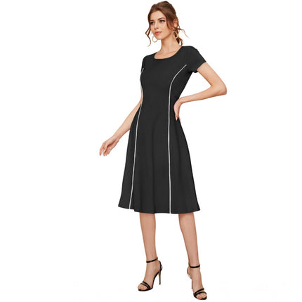 Rosolly Women's Knitting stretchable Solid Round Neck Cap Sleeve Dress (Black)