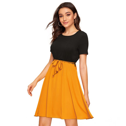 Rosolly Women's Knitting stretchable Solid Round Neck Cap Sleeve Dress (Yellow)