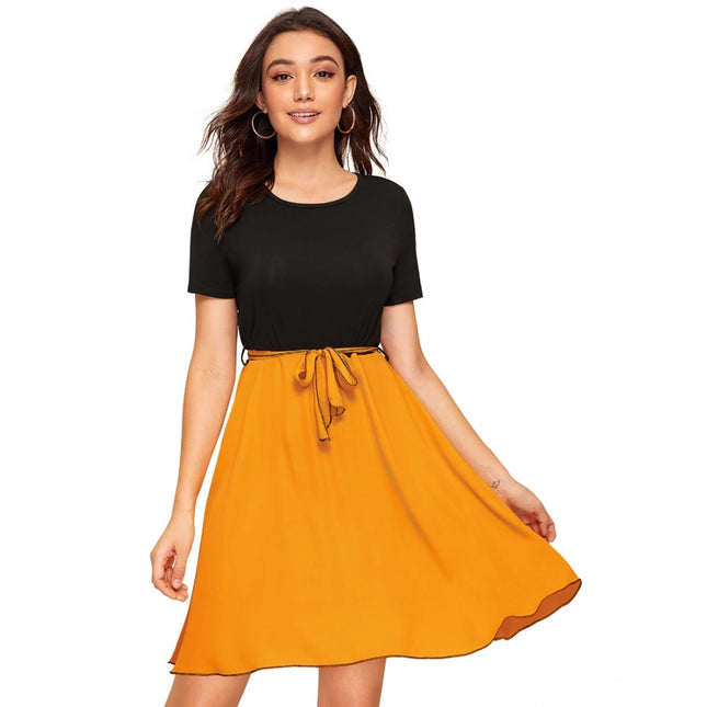 Rosolly Women's Knitting stretchable Solid Round Neck Cap Sleeve Dress (Yellow)