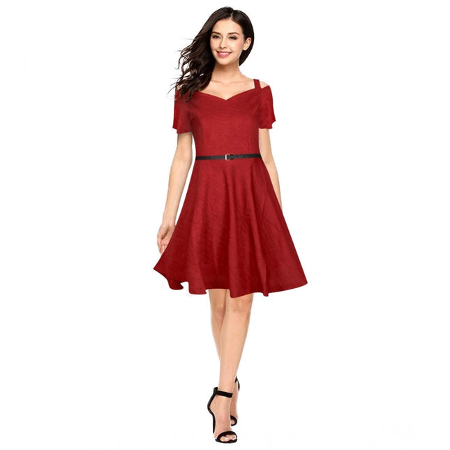 Rosolly Women's Polyester Solid V Neck Cap Sleeve Dress (Maroon)