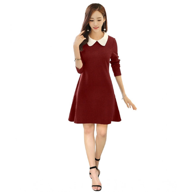 Rosolly Women's Polyester Solid Collar 3-4th Dress (Maroon)