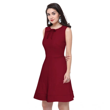 Rosolly Women's Polyester Solid Round Neck Sleeveless Dress (Maroon)