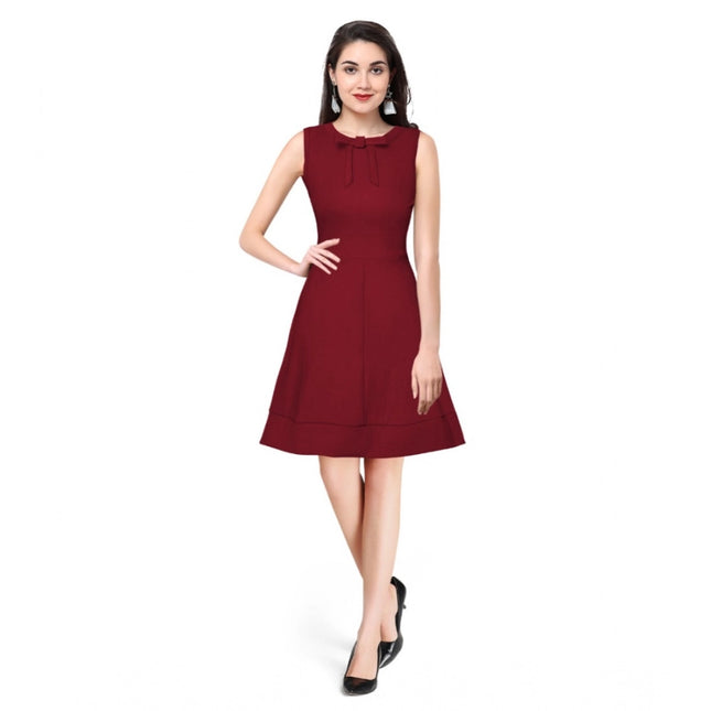 Rosolly Women's Polyester Solid Round Neck Sleeveless Dress (Maroon)