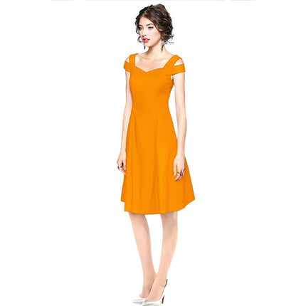 Rosolly Women's Polyester Solid V Neck Cap Sleeve off Shoulder Dress (Yellow)