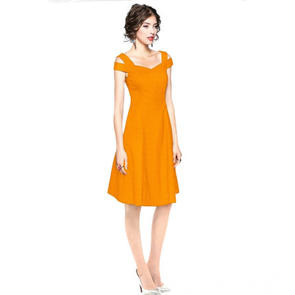 Rosolly Women's Polyester Solid V Neck Cap Sleeve off Shoulder Dress (Yellow)