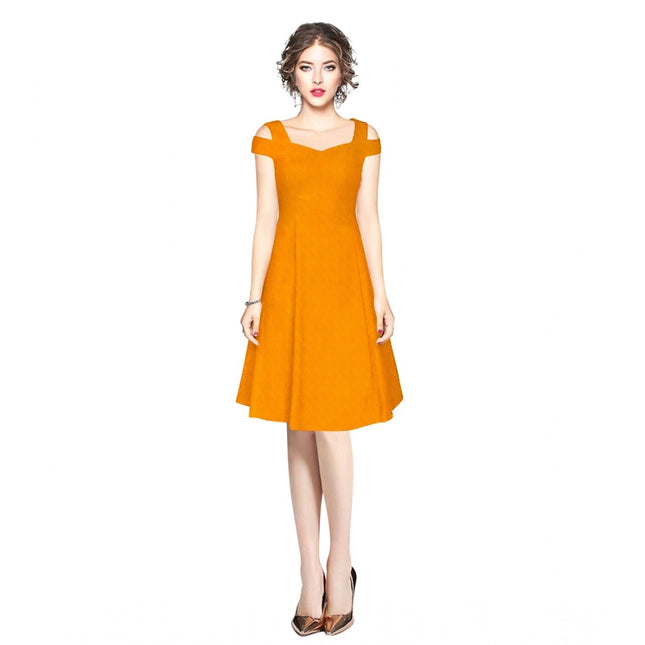Rosolly Women's Polyester Solid V Neck Cap Sleeve off Shoulder Dress (Yellow)