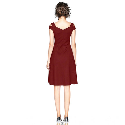 Rosolly Women's Polyester Solid V Neck Cap Sleeve off Shoulder Dress (Maroon)