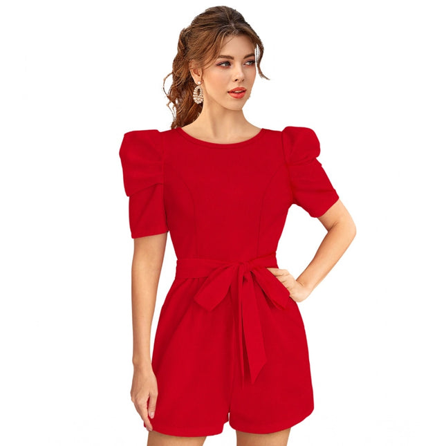 Rosolly Women's Knitting stretchable Solid Round Neck 3-4 Puff Sleeve Dress (Red )