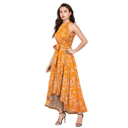 Rosolly Women's Polyester Printed Halter Neck Sleeveless Dress (Yellow)