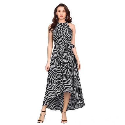 Rosolly Women's Polyester Zebra Pattern Halter Neck Sleeveless Dress (Navy Blue)