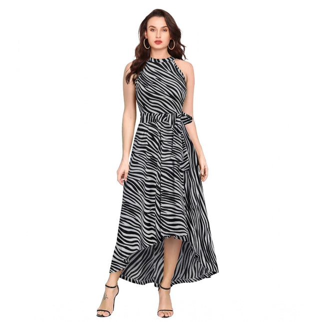 Rosolly Women's Polyester Zebra Pattern Halter Neck Sleeveless Dress (Navy Blue)