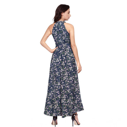 Rosolly Women's Polyester Printed Halter Neck Sleeveless Dress (Blue)