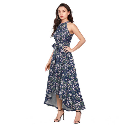 Rosolly Women's Polyester Printed Halter Neck Sleeveless Dress (Blue)