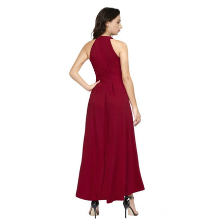 Rosolly Women's Polyster Solid Halter Neck Sleeveless Dress (Maroon)