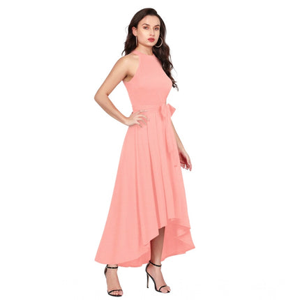 Rosolly Women's Polyster Solid Halter Neck Sleeveless Dress (Peach)