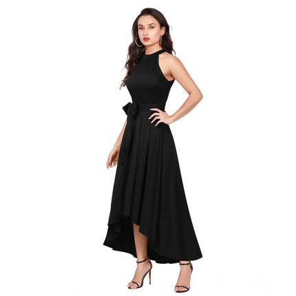 Rosolly Women's Polyster Solid Halter Neck Sleeveless Dress (Black)