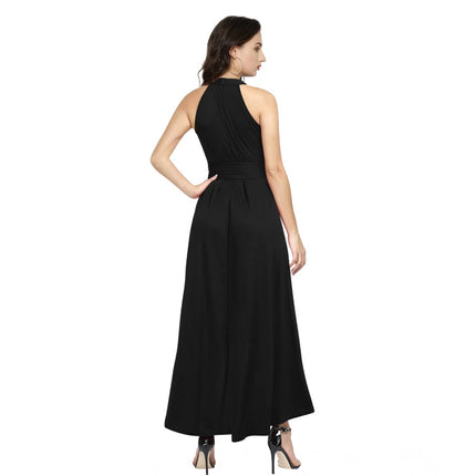 Rosolly Women's Polyster Solid Halter Neck Sleeveless Dress (Black)