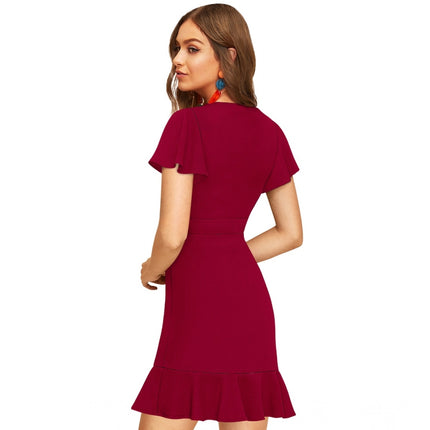 Rosolly Women's Knitting stretchable Solid V Neck Flaired Sleeve Dress (Maroon )