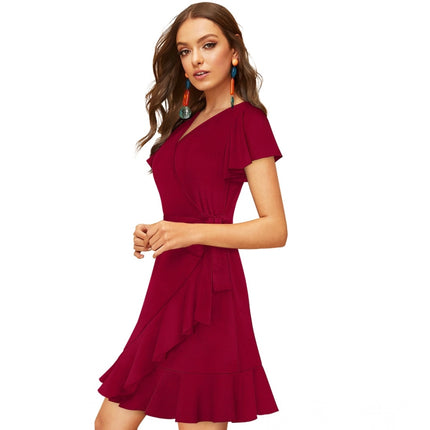 Rosolly Women's Knitting stretchable Solid V Neck Flaired Sleeve Dress (Maroon )
