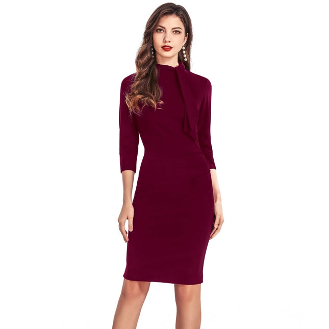 Rosolly Women's Knitting stretchable Solid Round Neck 3-4th Dress (Maroon)
