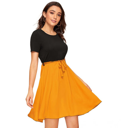 Rosolly Women's Knitting stretchable Solid Round Neck Cap Sleeve Dress (Yellow)