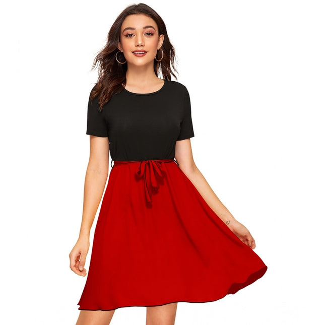 Rosolly Women's Knitting stretchable Solid Round Neck Cap Sleeve Dress (Red)