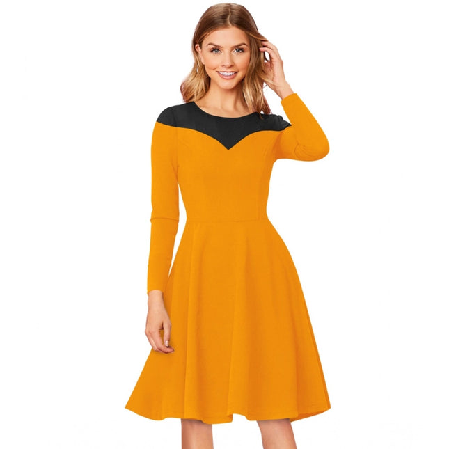Rosolly Women's Knitting stretchable Solid Round Neck Full Sleeve Dress (Yellow)