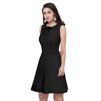 Rosolly Women's Polyester Solid Round Neck Sleeveless Dress (Black)