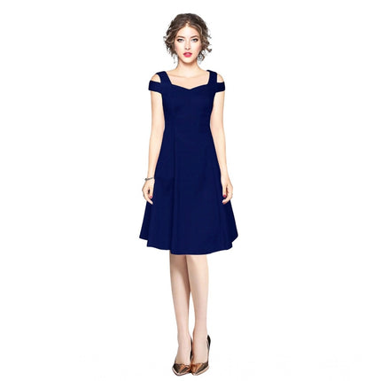 Rosolly Women's Polyester Solid V Neck Cap Sleeve off Shoulder Dress (Blue)