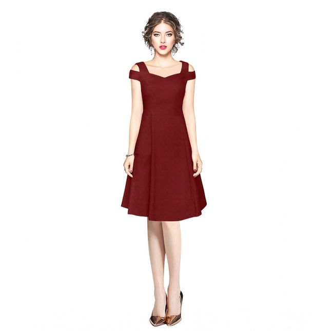 Rosolly Women's Polyester Solid V Neck Cap Sleeve off Shoulder Dress (Maroon)