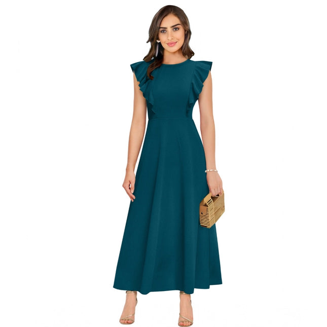 Rosolly Women's Knitting stretchable Solid Round Neck Ruffled Sleeve Dress (Morpich)