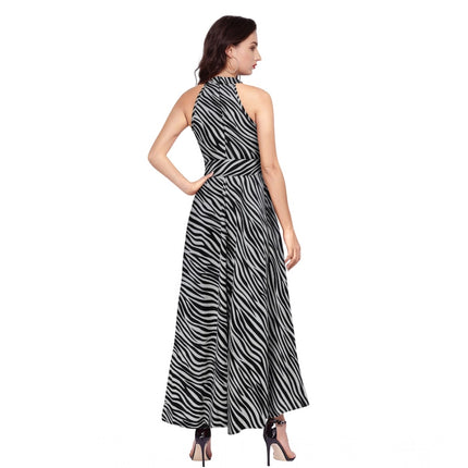 Rosolly Women's Polyester Zebra Pattern Halter Neck Sleeveless Dress (Navy Blue)