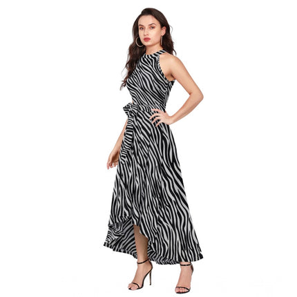Rosolly Women's Polyester Zebra Pattern Halter Neck Sleeveless Dress (Navy Blue)