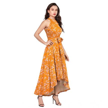 Rosolly Women's Polyester Printed Halter Neck Sleeveless Dress (Yellow)