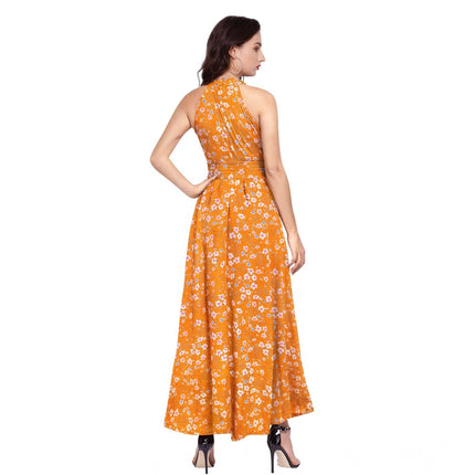 Rosolly Women's Polyester Printed Halter Neck Sleeveless Dress (Yellow)