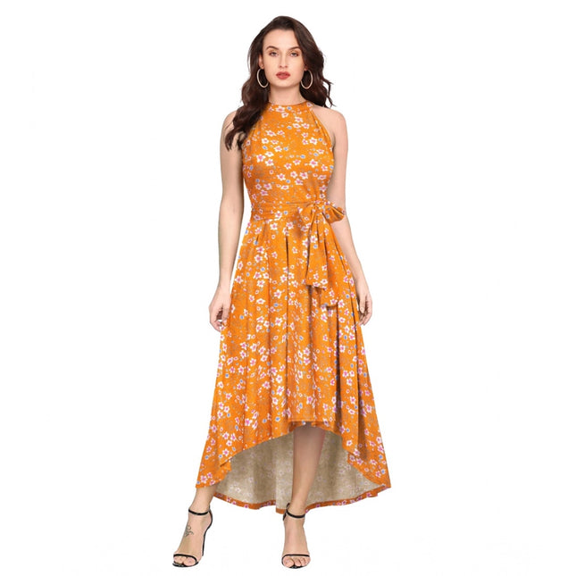 Rosolly Women's Polyester Printed Halter Neck Sleeveless Dress (Yellow)