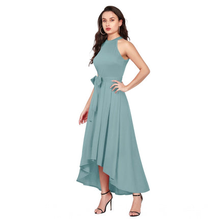 Rosolly Women's Polyester Solid Halter Neck Sleeveless Dress (Pista)